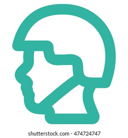 Soldier Head vector icon. Style is stroke flat icon symbol, cyan color, white background.