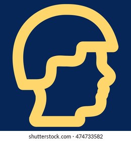 Soldier Head vector icon. Style is contour flat icon symbol, yellow color, blue background.