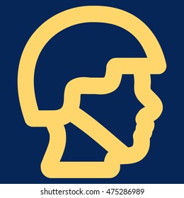 Soldier Head vector icon. Style is contour flat icon symbol, yellow color, blue background.