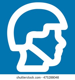 Soldier Head vector icon. Style is linear flat icon symbol, white color, blue background.