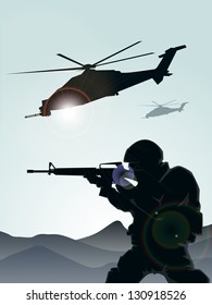 Soldier with helicopters