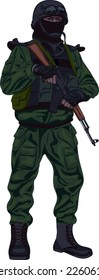 A soldier in a helmet with automatic rifle. 
Vector illustration of a military man standing with a Kalashnikov assault rifle. 
Military illustrations in vector.
