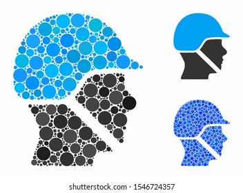 Soldier helmet composition of small circles in various sizes and color tones, based on soldier helmet icon. Vector random circles are combined into blue composition.