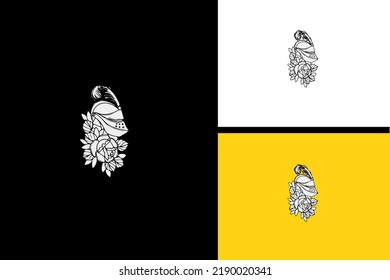 soldier helmet and flowers vector black and white