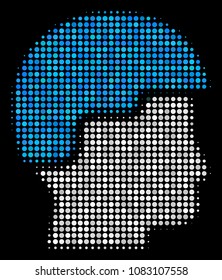 Soldier helmet halftone vector icon. Illustration style is dot iconic soldier helmet symbol on a black background. Halftone pattern is created of round blots.
