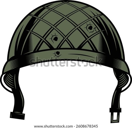 Soldier helmet hand draw vector illustration.
This is a vector illustration of a military helmet in a vintage comic-style, colored in army green with black inked details. 