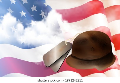 Soldier Helmet with ID plats, Happy Independence Day, 4th of July greeting card with American flags and confetti stars on blue background. Happy July Fourth concept.