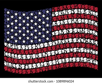 Soldier helmet pictograms are organized into waving American flag mosaic on a dark background. Vector collage of USA state flag is composed from soldier helmet elements.