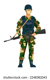 soldier in a helmet and protective equipment with automatic weapons