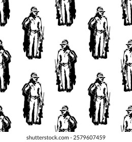 Soldier in a helmet standing on guard. Seamless pattern. Full-body character. Hand-drawn sketch.