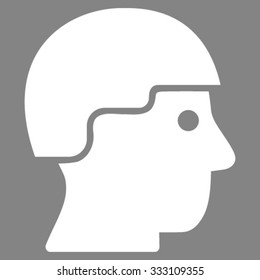 Soldier Helmet vector icon. Style is flat symbol, white color, rounded angles, gray background.