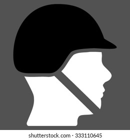 Soldier Helmet vector icon. Style is bicolor flat symbol, black and white colors, rounded angles, gray background.