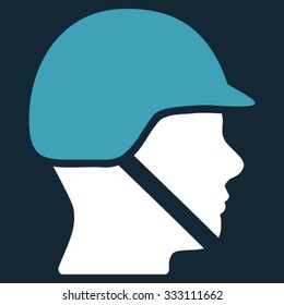 Soldier Helmet vector icon. Style is bicolor flat symbol, blue and white colors, rounded angles, dark blue background.