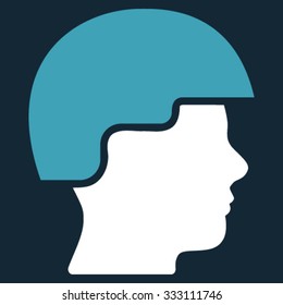 Soldier Helmet vector icon. Style is bicolor flat symbol, blue and white colors, rounded angles, dark blue background.