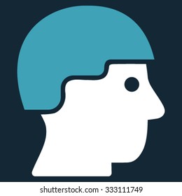 Soldier Helmet vector icon. Style is bicolor flat symbol, blue and white colors, rounded angles, dark blue background.