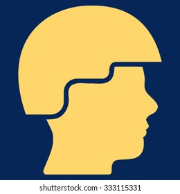 Soldier Helmet vector icon. Style is flat symbol, yellow color, rounded angles, blue background.