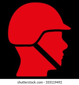 Soldier Helmet vector icon. Style is flat symbol, red color, rounded angles, black background.