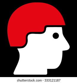 Soldier Helmet vector icon. Style is bicolor flat symbol, red and white colors, rounded angles, black background.