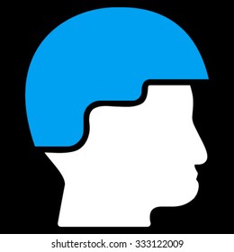 Soldier Helmet vector icon. Style is bicolor flat symbol, blue and white colors, rounded angles, black background.