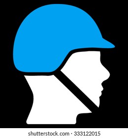 Soldier Helmet vector icon. Style is bicolor flat symbol, blue and white colors, rounded angles, black background.