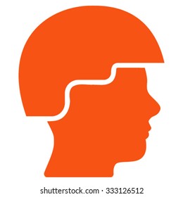 Soldier Helmet vector icon. Style is flat symbol, orange color, rounded angles, white background.