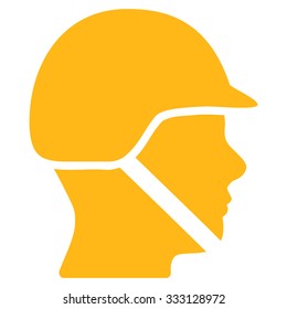 Soldier Helmet vector icon. Style is flat symbol, yellow color, rounded angles, white background.