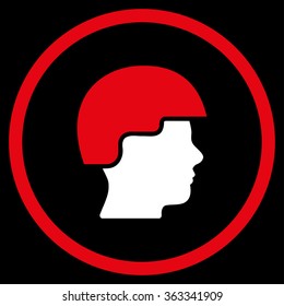 Soldier Helmet vector icon. Style is bicolor flat circled symbol, red and white colors, rounded angles, black background.