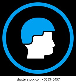 Soldier Helmet vector icon. Style is bicolor flat circled symbol, blue and white colors, rounded angles, black background.
