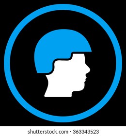 Soldier Helmet vector icon. Style is bicolor flat circled symbol, blue and white colors, rounded angles, black background.