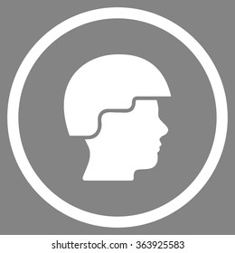 Soldier Helmet vector icon. Style is flat circled symbol, white color, rounded angles, gray background.