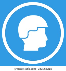Soldier Helmet vector icon. Style is flat circled symbol, white color, rounded angles, blue background.