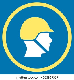 Soldier Helmet vector icon. Style is bicolor flat circled symbol, yellow and white colors, rounded angles, blue background.