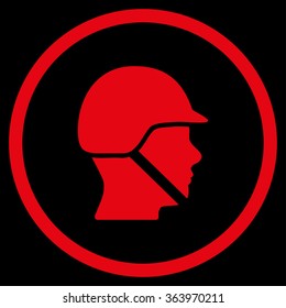 Soldier Helmet vector icon. Style is flat circled symbol, red color, rounded angles, black background.