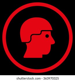 Soldier Helmet vector icon. Style is flat circled symbol, red color, rounded angles, black background.