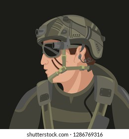 soldier in a helmet, vector illustration , flat style ,profile side
