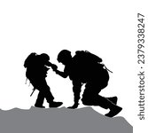 A soldier helps another soldier up a steep hill.. vector soldiers helping soldiers silhouette.