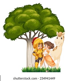 A soldier and his lover with a horse under the tree on a white background 