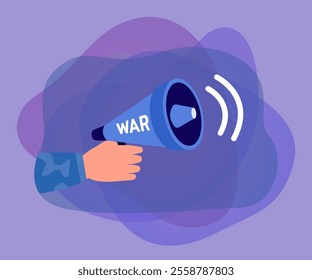 Soldier holding megaphone with word war. Military person announcing war flat vector illustration. War, conflict, aggression, violence concept for banner, website design or landing web page