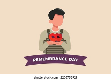 Soldier holding poppy flowers in hand to respect the remembrance day. Remembrance day concept. Flat vector illustrations isolated. 