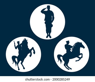 Soldier with horse silhouette icon set