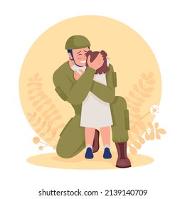 Soldier hugging his daughter 2D vector isolated illustration. Happy father and girl flat characters on cartoon background. Family reunion after war colourful scene for mobile, website, presentation