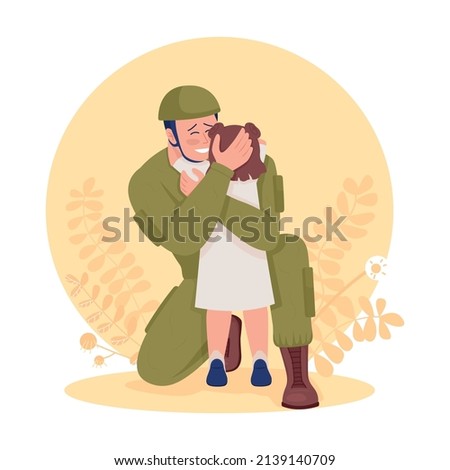Soldier hugging his daughter 2D vector isolated illustration. Happy father and girl flat characters on cartoon background. Family reunion after war colourful scene for mobile, website, presentation