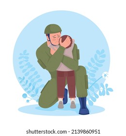 Soldier hugging his son on parting 2D vector isolated illustration. Militant going to war flat characters on cartoon background. Leave taking colourful scene for mobile, website, presentation