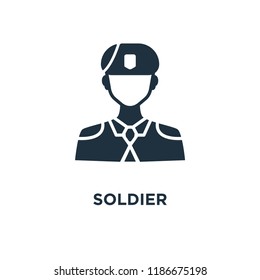 Soldier icon. Black filled vector illustration. Soldier symbol on white background. Can be used in web and mobile.