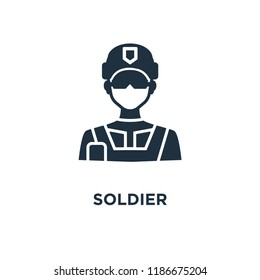 Soldier icon. Black filled vector illustration. Soldier symbol on white background. Can be used in web and mobile.