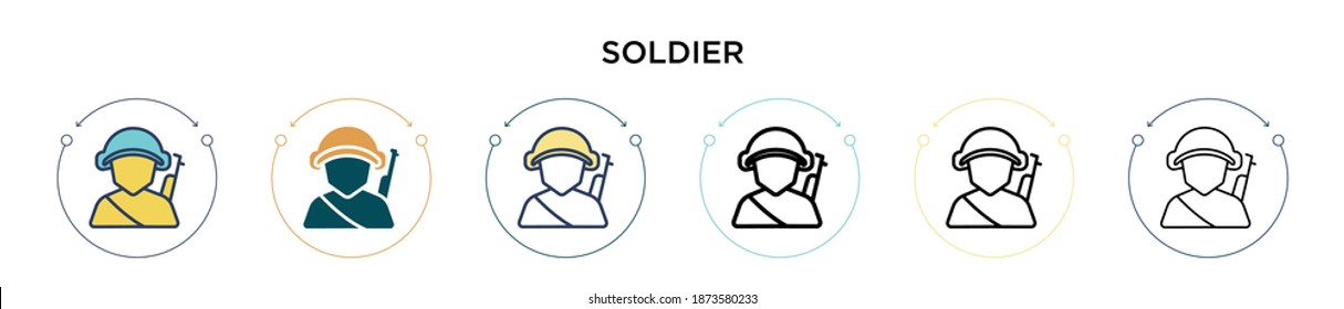 Soldier icon in filled, thin line, outline and stroke style. Vector illustration of two colored and black soldier vector icons designs can be used for mobile, ui, web