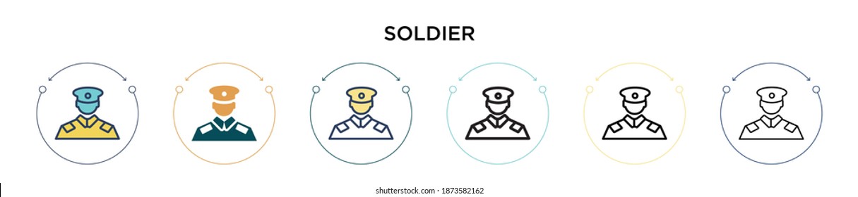 Soldier icon in filled, thin line, outline and stroke style. Vector illustration of two colored and black soldier vector icons designs can be used for mobile, ui, web
