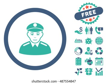 Soldier icon with free bonus elements. Vector illustration style is flat iconic bicolor symbols, cobalt and cyan colors, white background.