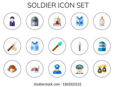 soldier icon set. 15 flat soldier icons.  Collection Of - policeman, spear, warrior, armor, knight, professions and jobs, viking helmet, missile