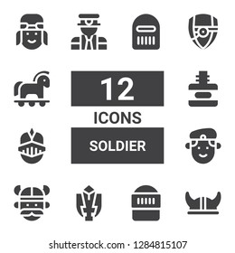 soldier icon set. Collection of 12 filled soldier icons included Viking helmet, Warrior, Fighting game, Viking, Militar, Knight, Force, Pilot, Arsenal, Trojan